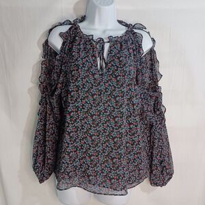 Women's Long Sleeve Cold Shoulder Slit Sheer with Lining V-Neck Floral Size Sm